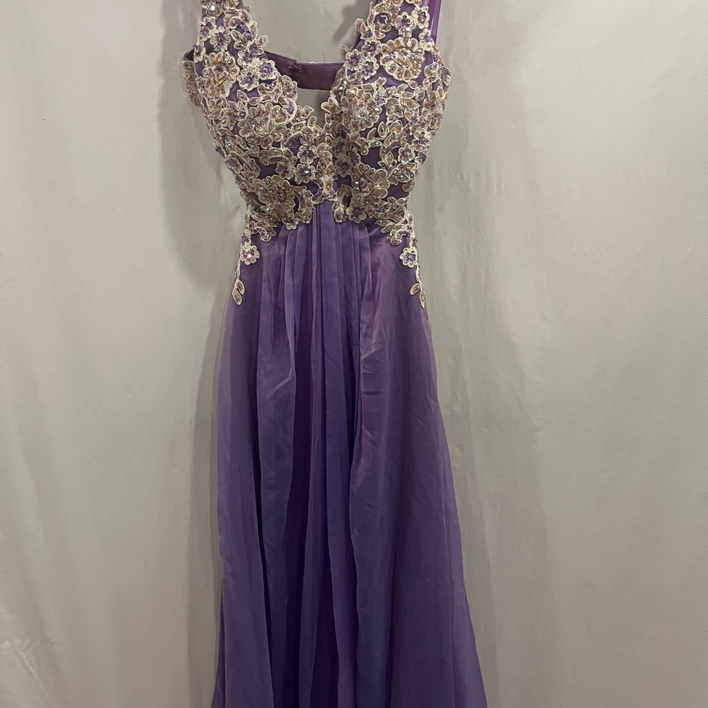 La Femme Lavender Lace Prom Dress